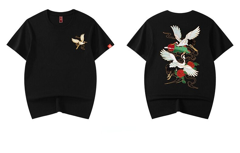 Unisex Harajuku Vintage Crane Embroidery T-Shirt