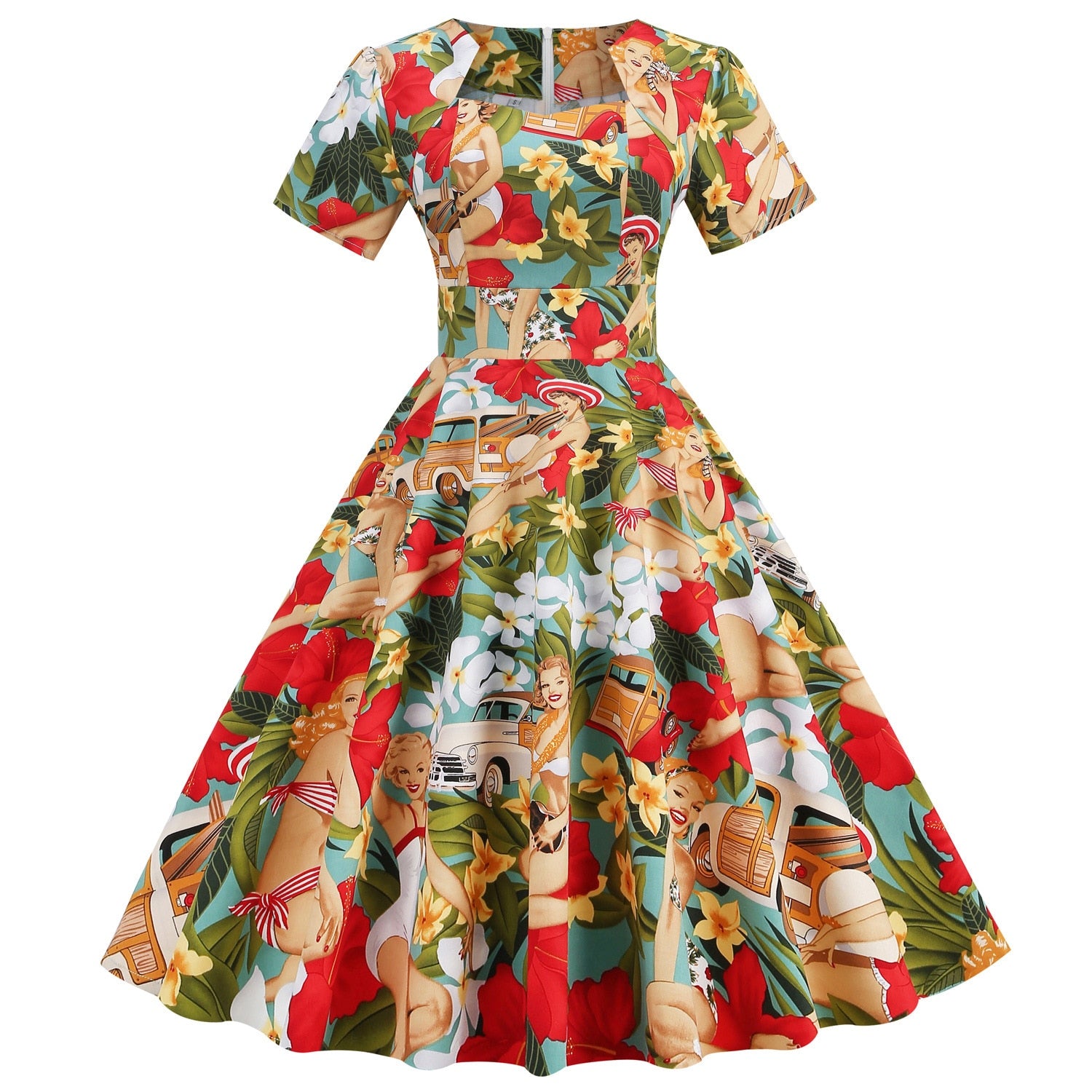 Women Retro Rockabilly Vintage Polka Dots Floral Dresses