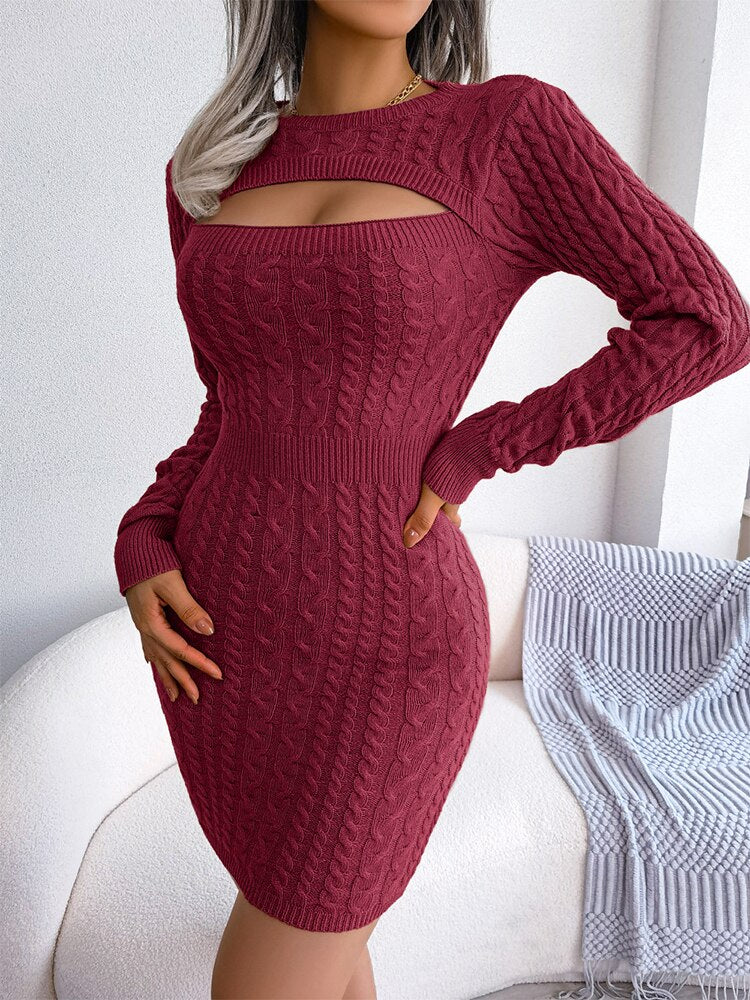 Women Hollow Out Slim Waisted Wrapped Twist Sweater Dress
