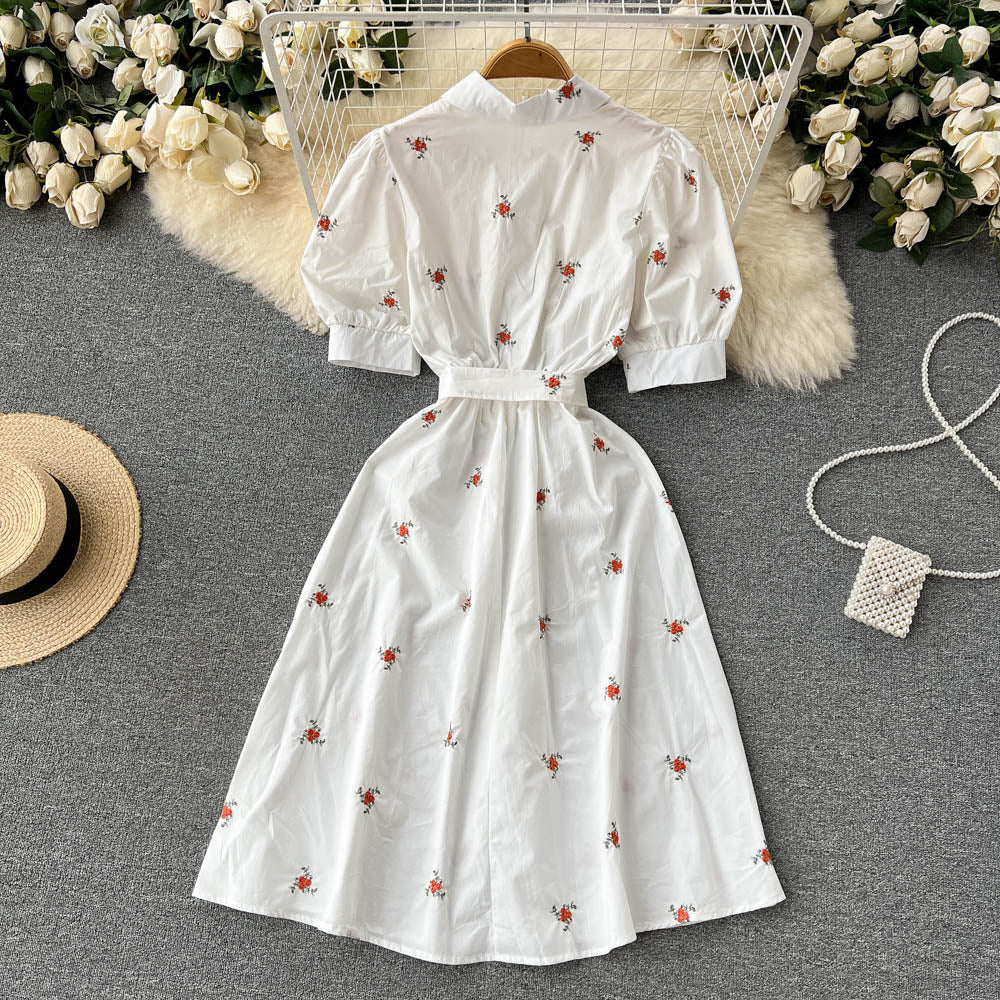 Women Floral Embroidery Belted Dress