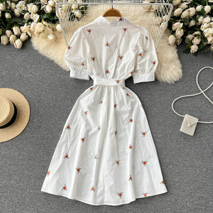 Women Floral Embroidery Belted Dress