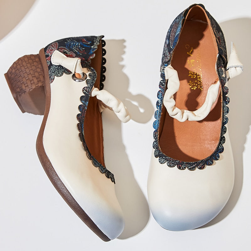 Women Retro Handmade Floral Genuine Cow Leather Shoes
