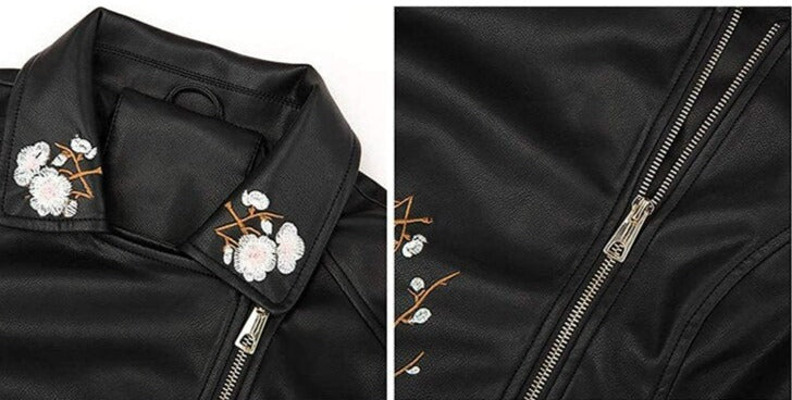 Women Floral Embroidery PU Leather Moto Biker Jacket