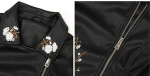 Women Floral Embroidery PU Leather Moto Biker Jacket
