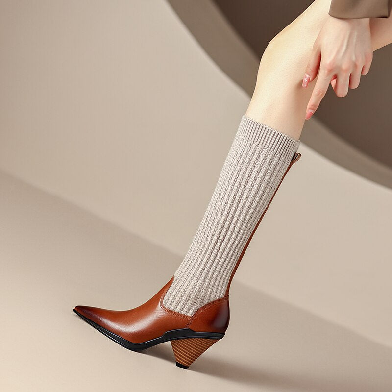 Women Knee-high Pointed Toe Elegant Splicing Boots