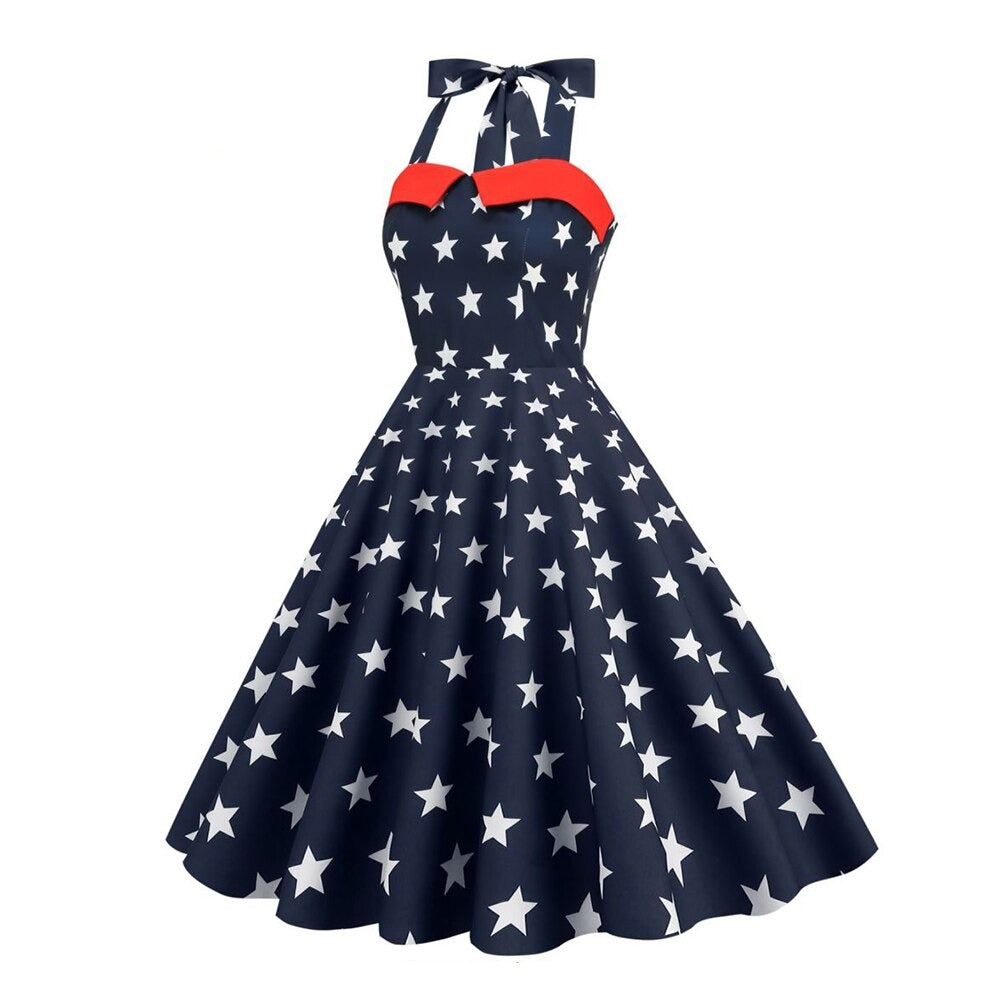Women Vintage Stars Print A Line Swing Retro Dress