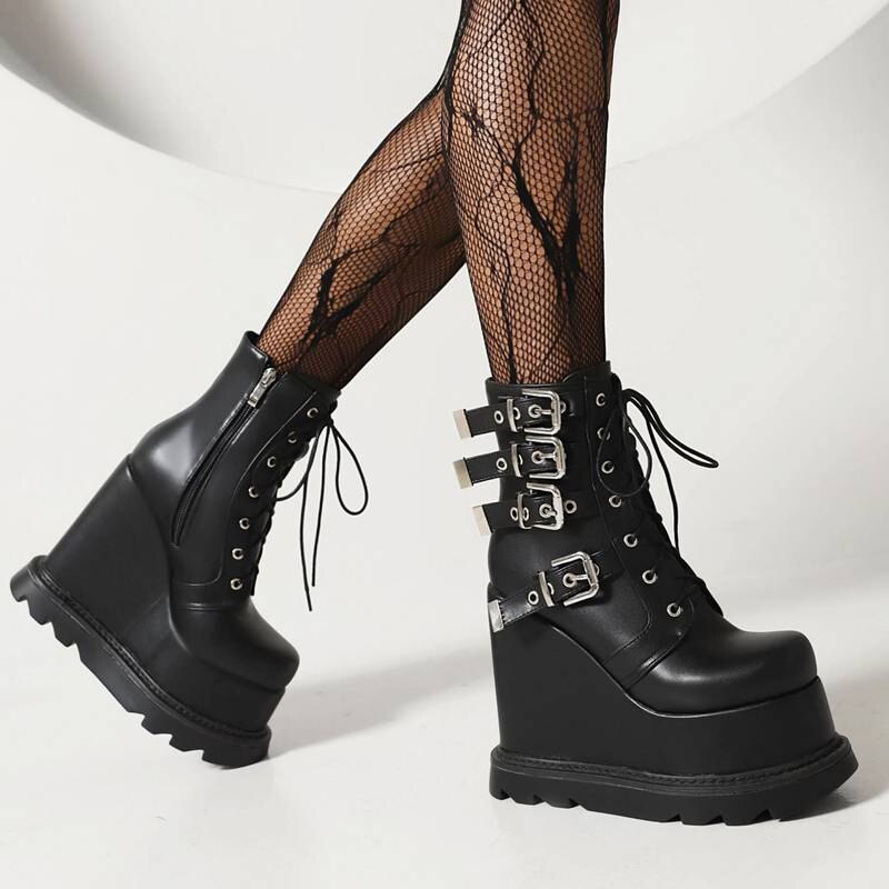Woman Round Toe Wedges High Heel Platform Punk Casual Shoes