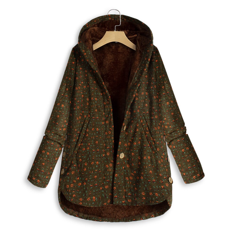 Women Casual Loose Printing Single-breasted Irregular Hooded Coat