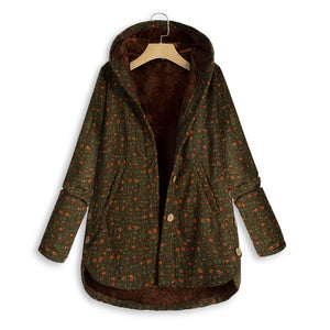 Women Casual Loose Printing Single-breasted Irregular Hooded Coat