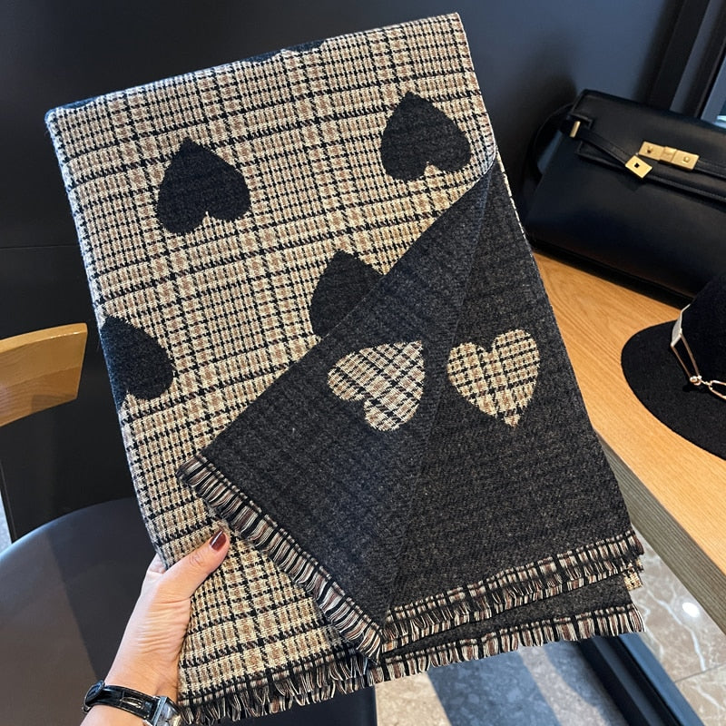 Women Cashmere Knitted Heart Plaid Scarf