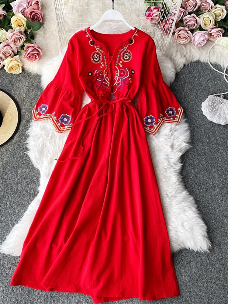 Women Embroidery Lacing Long A-line Dress