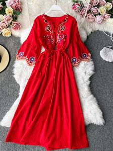 Women Embroidery Lacing Long A-line Dress