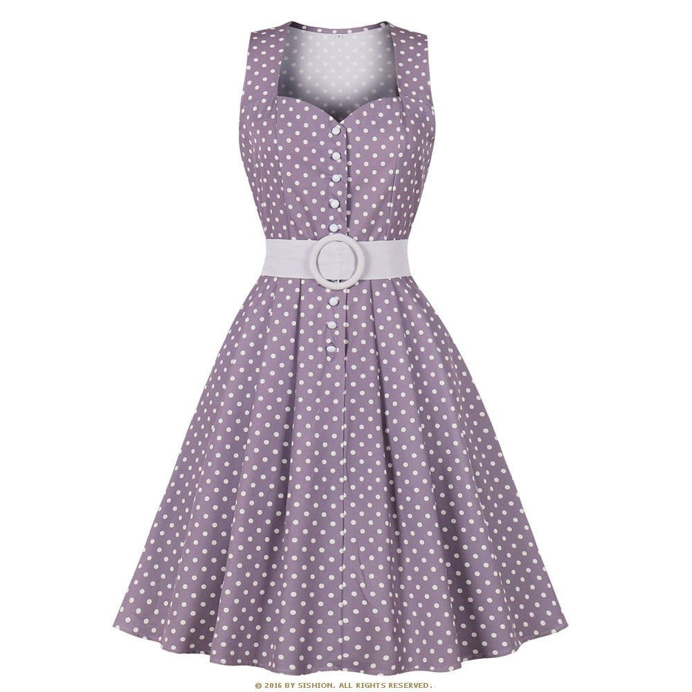 Women Sleeveless Polka Dots Print Vintage Dress