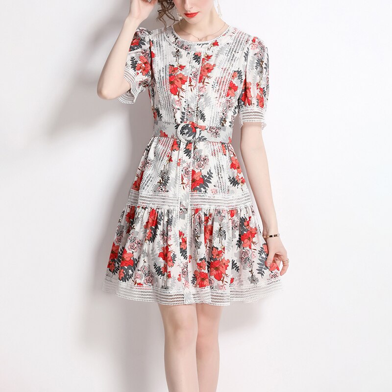 Women Floral Mesh Vintage Jacquard Slim Dress
