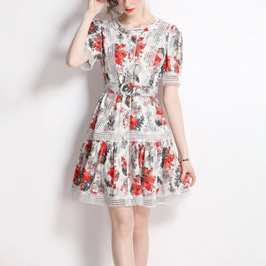 Women Floral Mesh Vintage Jacquard Slim Dress