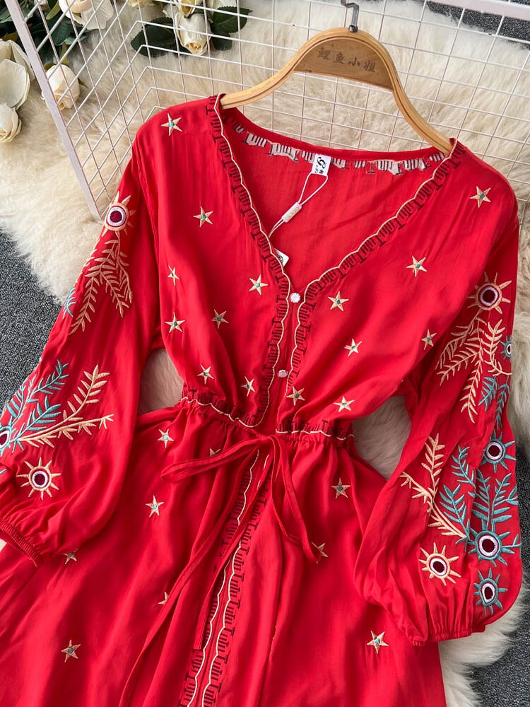 Women Bohemian Embroidery Lace Up Vestidos Dress