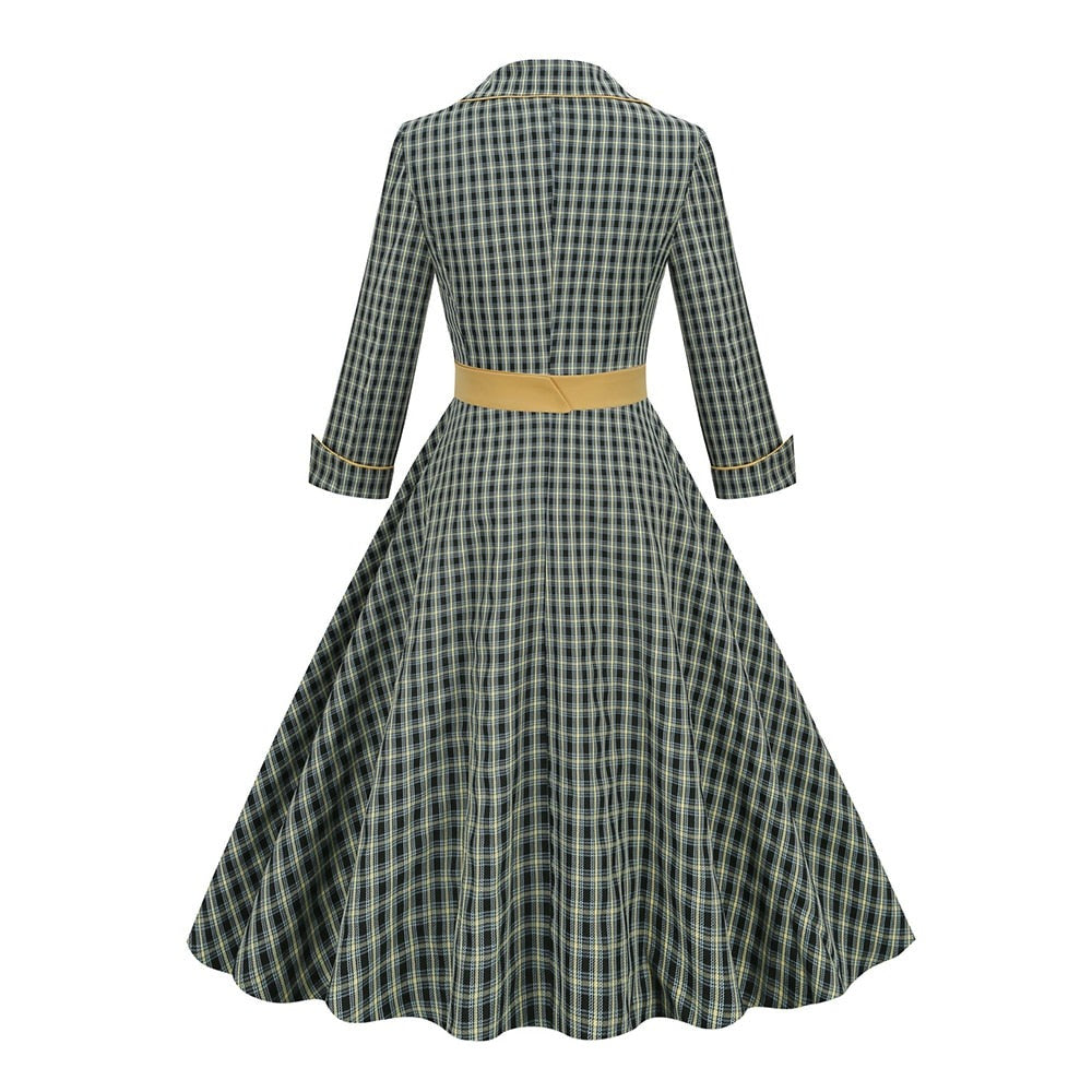 Women Vintage Notched Collar Belted Pinup Swing Dress