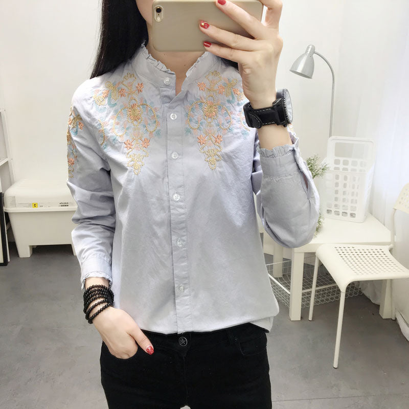 Women Embroidery Flower Blouse Slim Causal Shirts