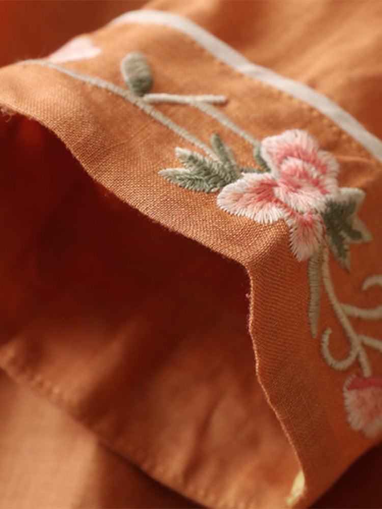 Women Floral Embroidery Vintage Loose Cotton Dress