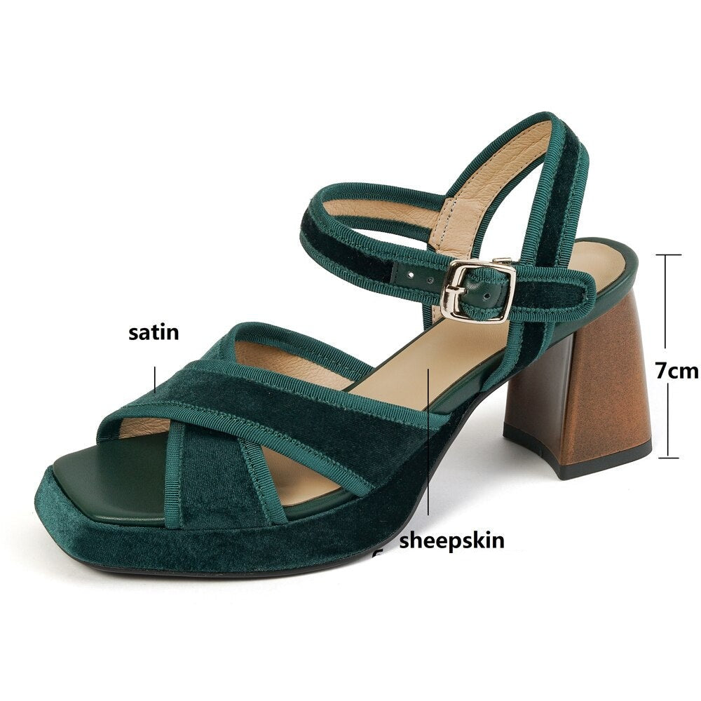 Women Vintage Sandals High Heels Square Toe Block Heels