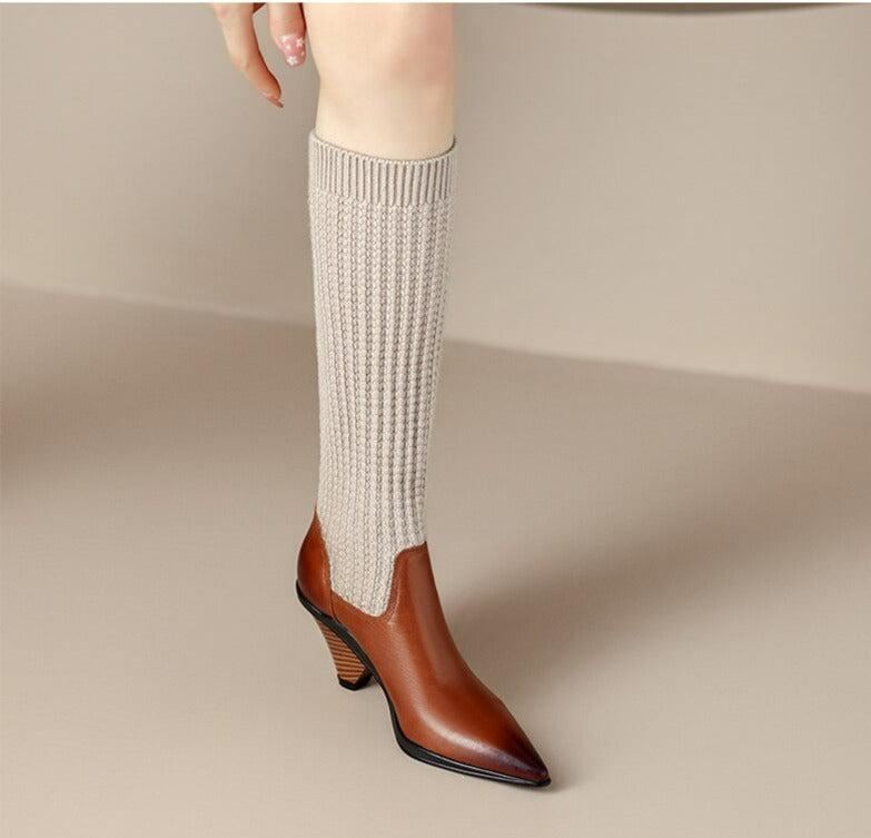 Women Knee-high Pointed Toe Elegant Splicing Boots