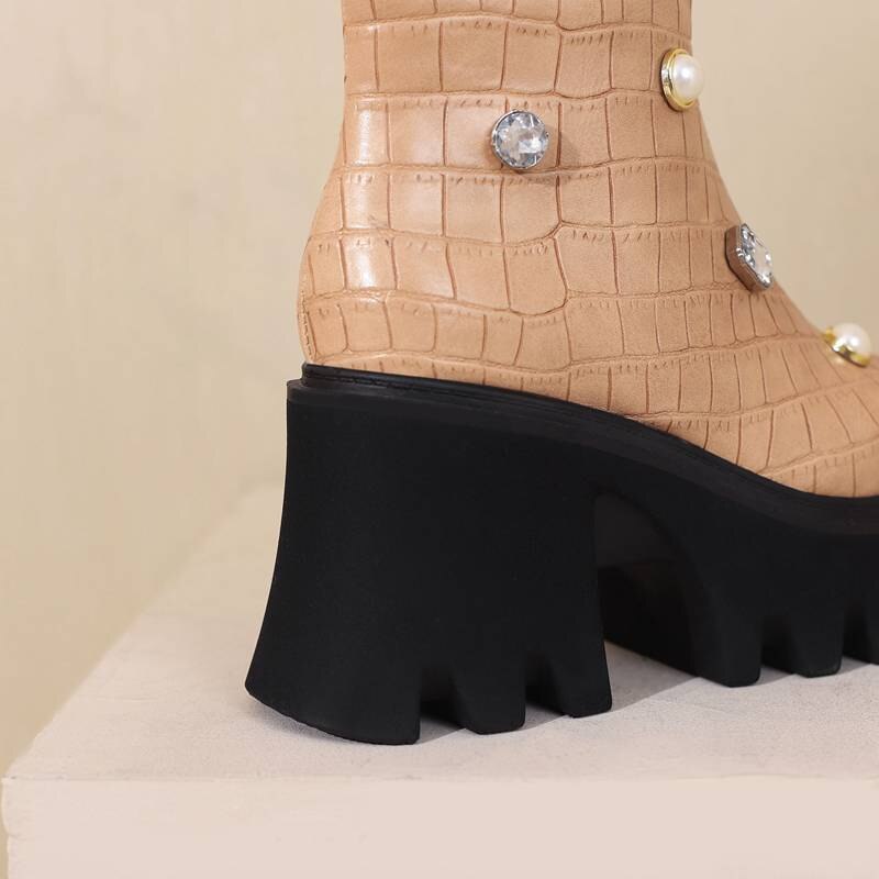 Women Mid-Calf Chunky Platform Rhinestone Boots