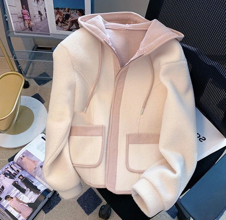 Women Patchwork Design Thick Plush Hoodies Coat