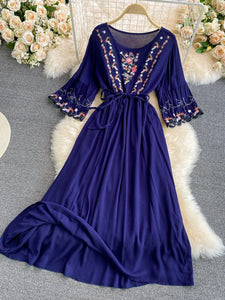 Women Embroidered Bohemian Ethnic Style Cotton Linen Dress