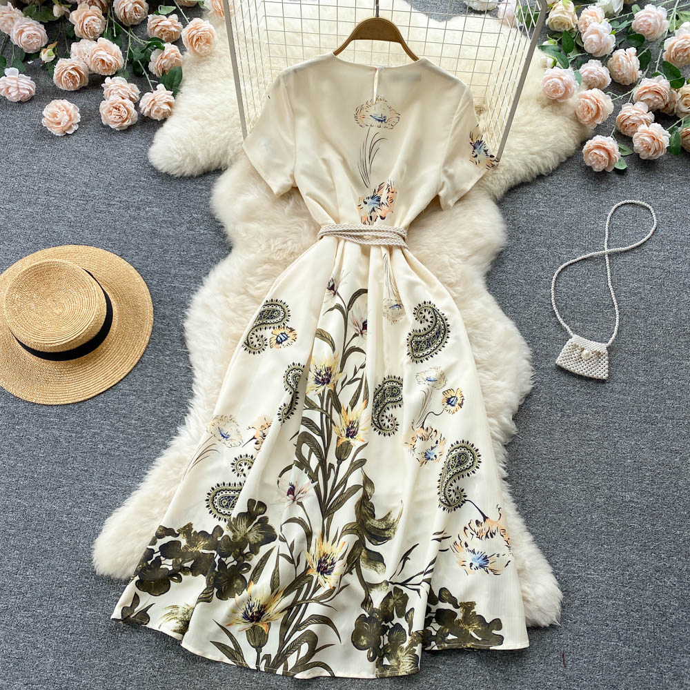 Women Runway French Slim Floral Vintage Elegant Casual Dress