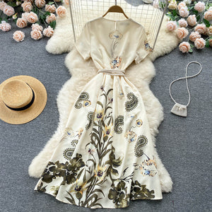 Women Runway French Slim Floral Vintage Elegant Casual Dress