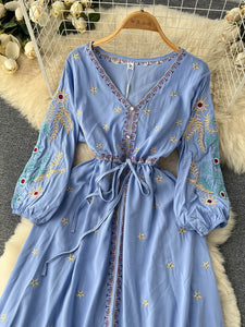 Women Bohemian Embroidery Lace Up Vestidos Dress