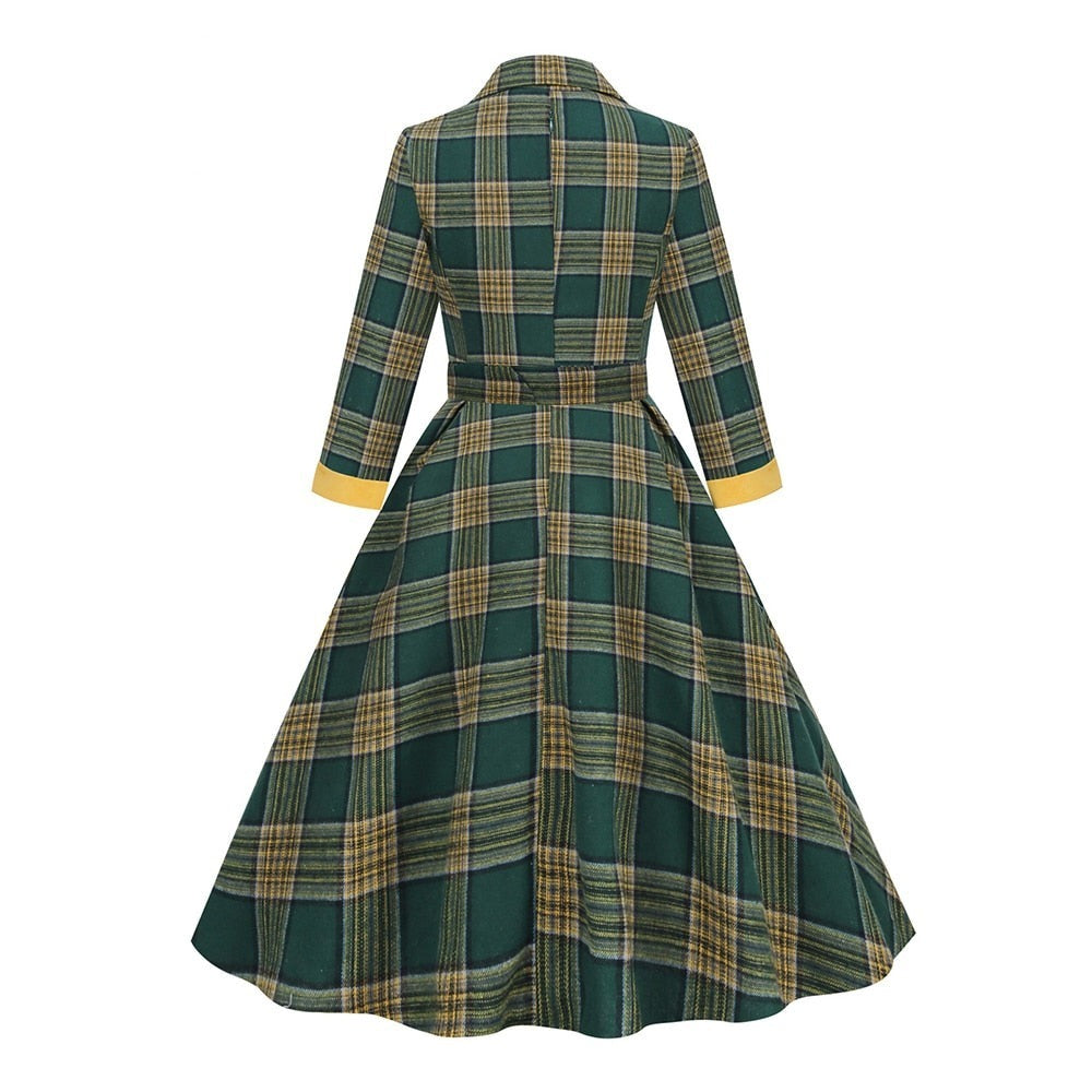 Women Vintage Notched Collar Buttons Belted A-Line Robe Dress