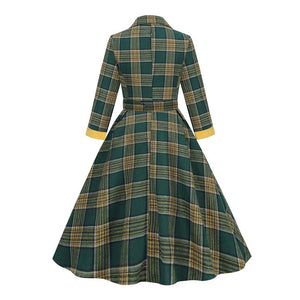 Women Vintage Notched Collar Buttons Belted A-Line Robe Dress