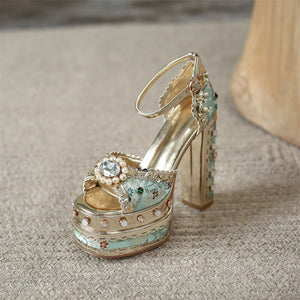 Women Floral Metallic Studded Square Heels Sandal