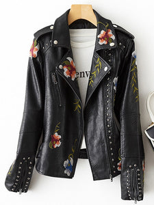 Women Floral Embroidery Soft Leather Retro Jacket