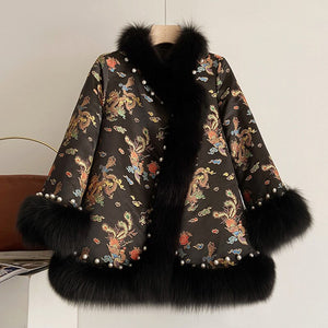 Women Embroidery Thick Warm Winter Luxury Furry Jacket