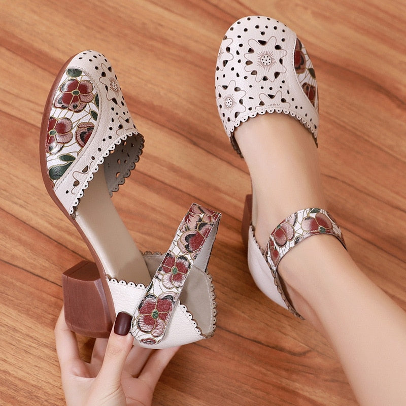 Women Genuine Leather Retro Hollow Out Sandals
