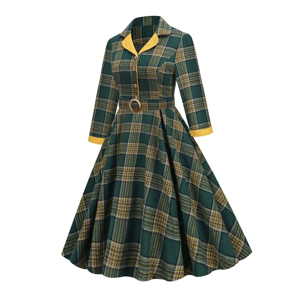 Women Vintage Notched Collar Buttons Belted A-Line Robe Dress