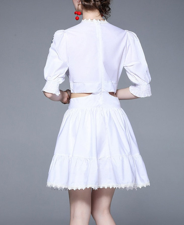 Women Embroidered Puff Sleeves Chic Temperament Lace Mini Dress