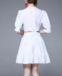 Women Embroidered Puff Sleeves Chic Temperament Lace Mini Dress
