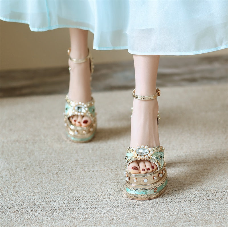 Women Floral Metallic Studded Square Heels Sandal