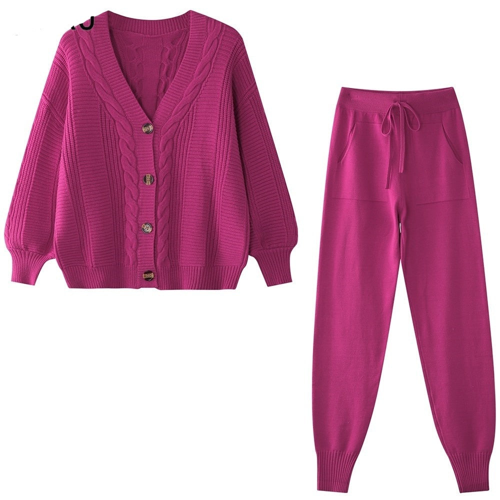 Women V-neck Single Breasted Cardigan Pant Sweater 2 Pcs Set