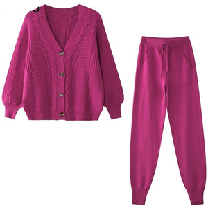Women V-neck Single Breasted Cardigan Pant Sweater 2 Pcs Set