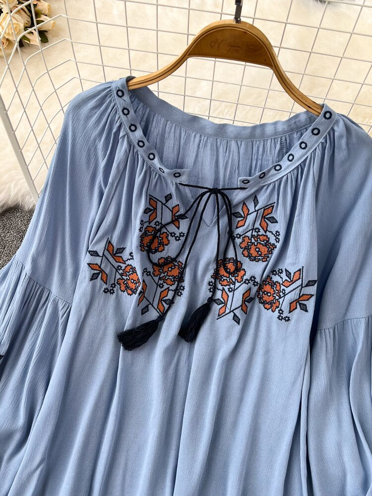 Women Retro Embroidered Lace-Up Blouse