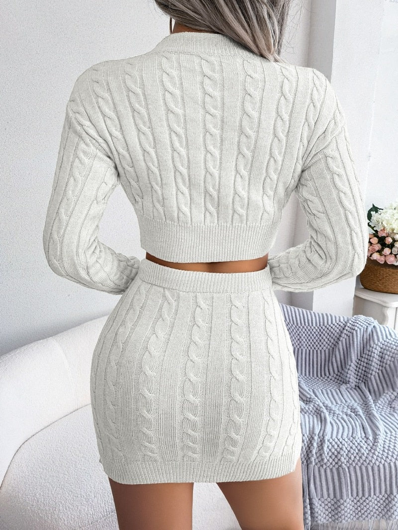 Women Twist Knitted Sweater Skirt 2 Piece Set
