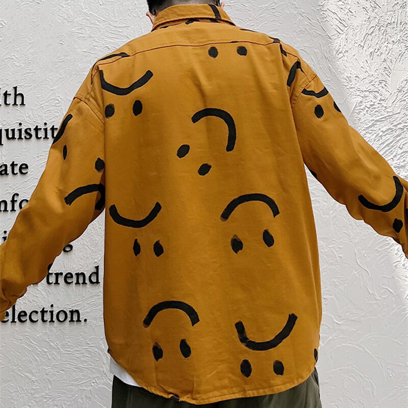 Men Harajuku Streetwear Smiley Prints Casual Shirts