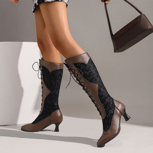 Women Vintage Lace Boots Cosplay High Heels Shoes