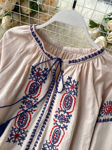 Women Retro Embroidery Tassel Lace Puff Sleeve Blouse
