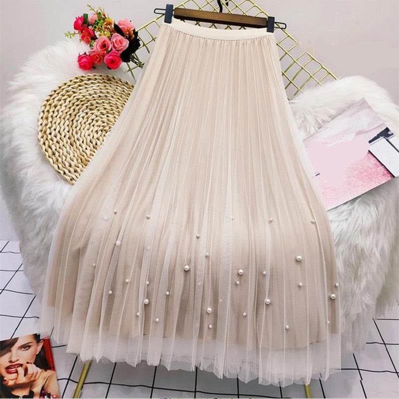 Women Both Sides Wear Pearls Mesh Skirt