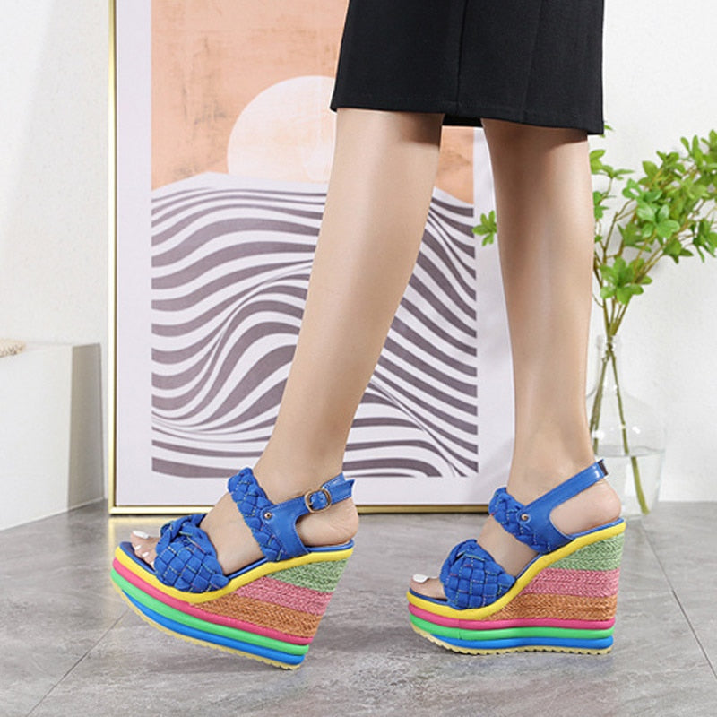 Women Rainbow Wedge High Heels Sandals